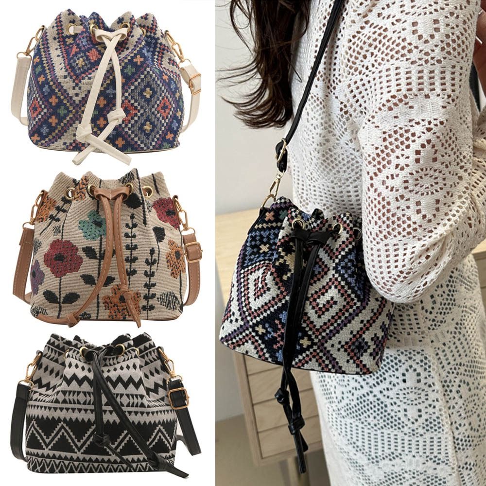 Linen Bag Bulk - Fashion Linen Fabric Bucket Bag Floral